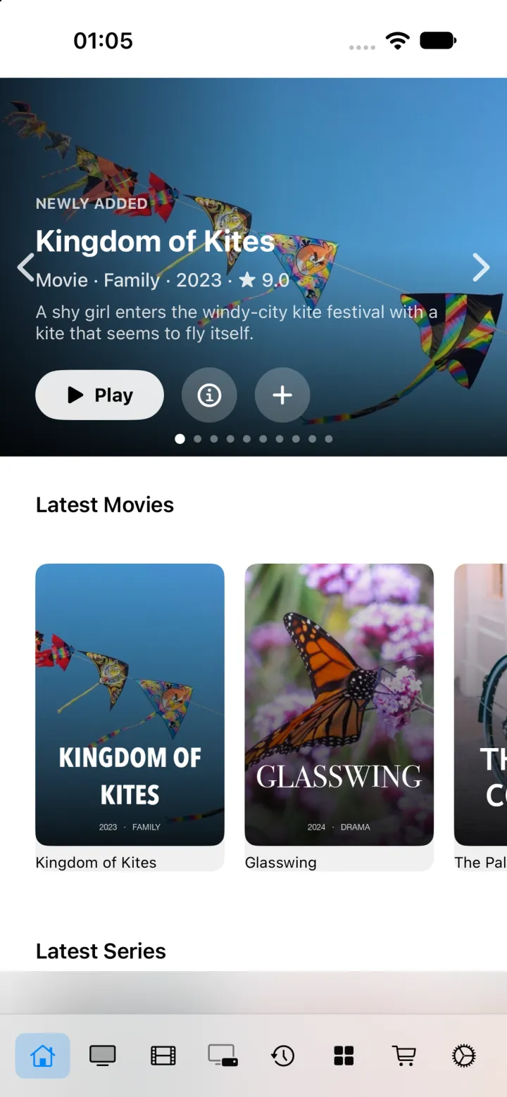 Schermata Home di MyPTV su iPhone