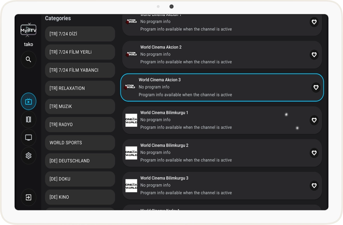 MyPTV en tablet Android mostrando el navegador con categorías.