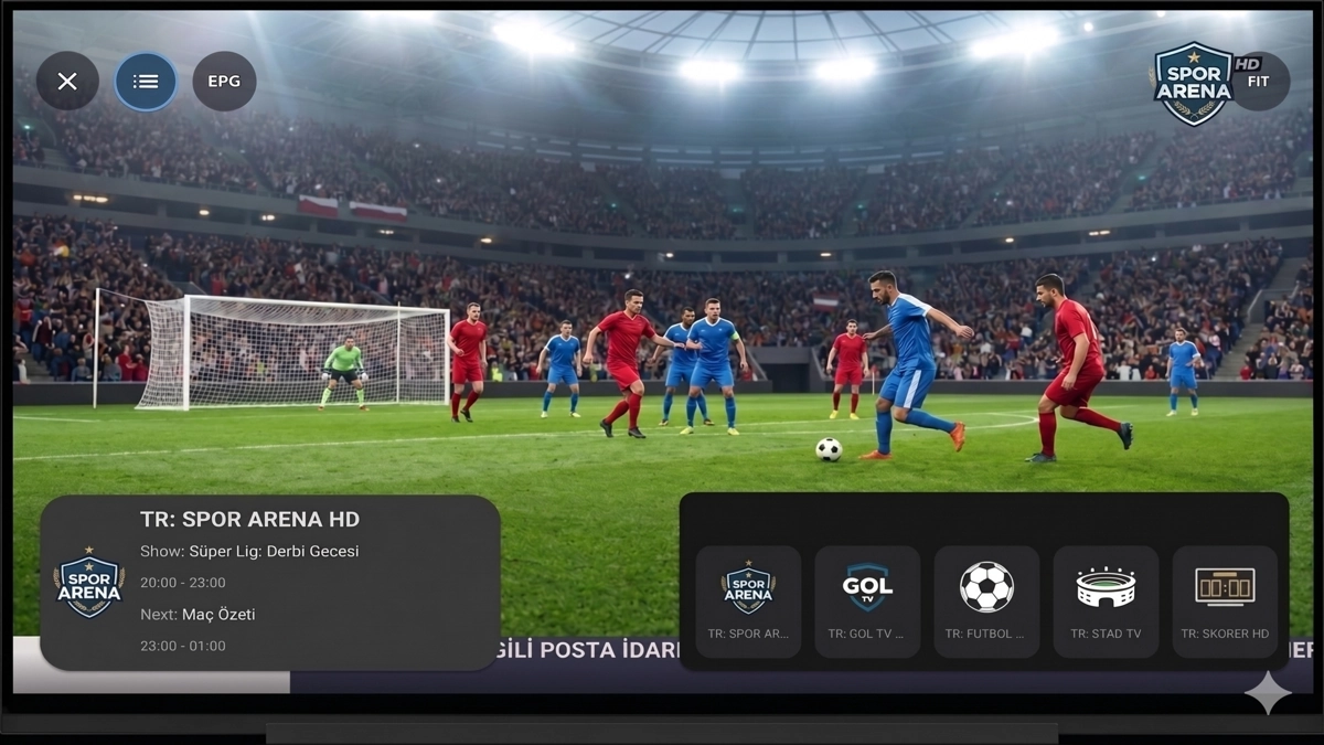 MyPTV en Android TV mostrando fútbol en vivo con barra EPG.