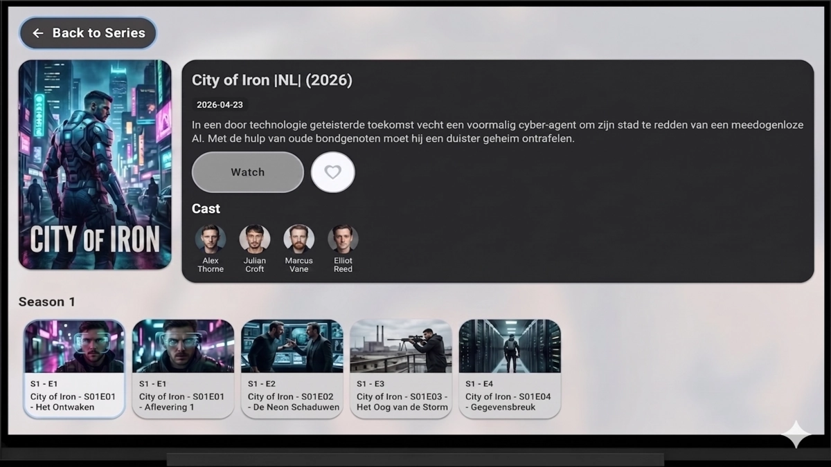 MyPTV en Google TV mostrando detalles de serie con episodios.